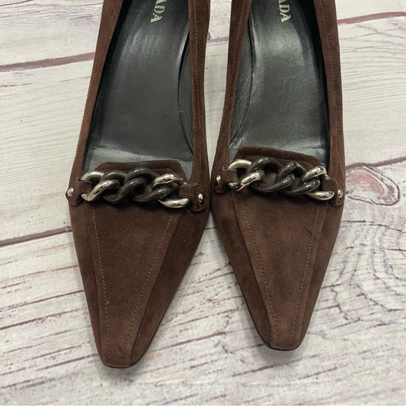 Prada Vintage Suede Chain Front Kitten Heel Brown Size 41 = US 11 - Picture 2 of 8